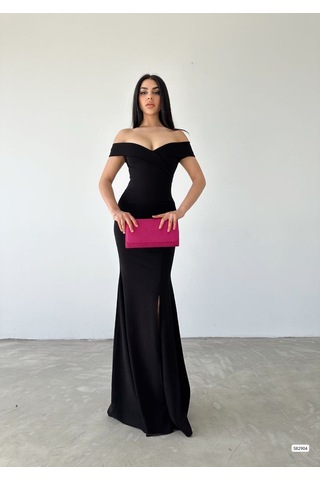 Kadın Dalgıç Kumaş Kayık Yaka Ve Dekolte Detaylı Elbise Siyah