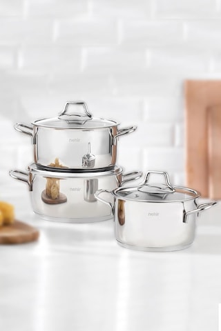 Nehir Silver Klasik 6 Parça Çelik Derin Tencere Seti Nehir Silver Klasik 6 Parça Çelik Derin Tencere Seti