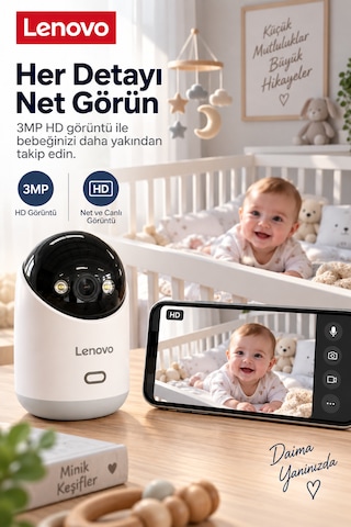 Lenovo Ev Kamerası Bebek Kamerası 2k 3mp, Wifi, Sesli, 360 Ptz, Mobil Kontrol, Hareket Takip, Iç Mekan Kamera Lnvc35u