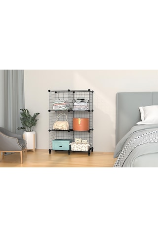 Dekoratif Tel Kafes Tasarımlı 6 Bölmeli Raf - Çok Amaçlı Tel Dolap Siyah