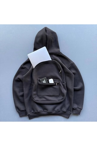 DefyModa Erkek 3 İplik Şardonlu Tam Fermuarlı Kapüşonlu Arka Çanta Detaylı Sweatshirt - Siyah
