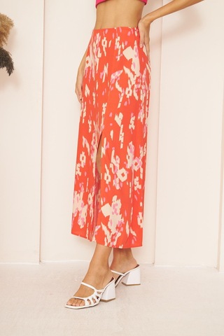 Darlin Moda Kırmızı Desenli Yırtmaçlı Midi Etek Dm2014 Kırmızı