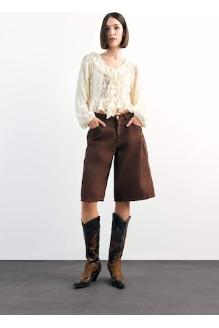 Defacto V Yaka Önden Bağlamalı Volanlı Dantel Bluz F9717ax25smer105 Ekru