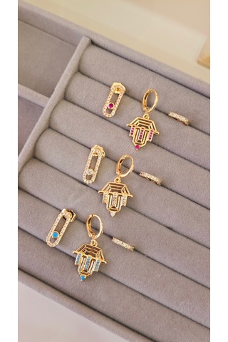 Pembe Taşlı Üçlü Şövalye Çelik Küpe Gold