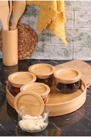 Bambum Duo 300ml 5'li Tepsili Bambu Silikonlu Kapaklı Hava Aldırmaz Cam Kahvaltılık