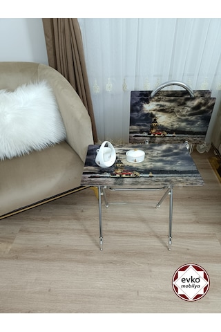 Evko Mobilya Çanta Zigon Sehpa, 4'lü Sehpa, Zigon Sehpa, Servis Sehpası, Camlı Sehpa, Katlanır Sehpa Kız Kulesı Koyu Gri