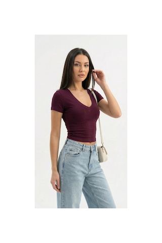 Dıanna Kadın Bordo V Yaka Basic T-shirt Günlük Esnek Kumaş Kısa Kollu T-shirt