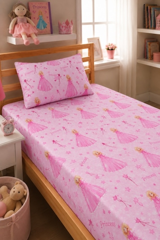Prenses Desenli Yastık Kılıflı Tek Kişilik Lastikli Çarşaf Takımı 100x200 Cm Çarşaf+yastık Kılıfı Pembe
