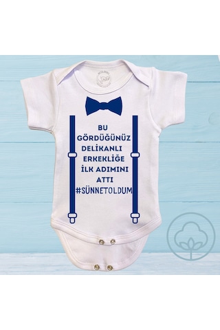 Sünnet Oldum Erkekliğe İlk Adım Baskılı Çıtçıtlı %100 Organik Pamuk Bebek Body Zıbın Beyaz