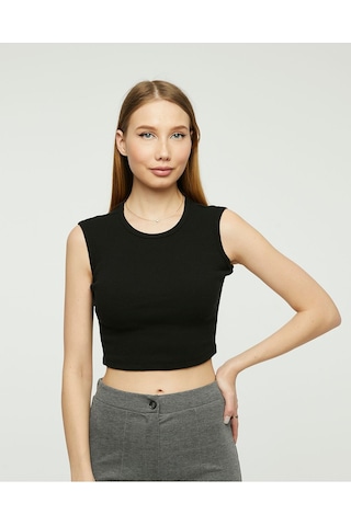 Bella Dossi Rahat Siyah Kaşkorse Kolsuz Sıfır Yaka Kadın Crop Top Siyah