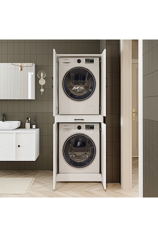 Banyo Dolabı Kapaklı Çamaşır Ve Kurutma Makinesi Dolap 70x185 Cm Mat Beyaz