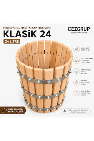 24 Litre Masif Ahşap Pres Sepeti 304 Paslanmaz Çelik Çemberli Üzüm Sıkma Presi Uyumlu