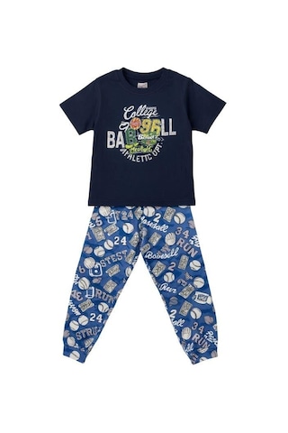 Zekids Erkek Çocuk Pamuklu Kısa Kol College Pijama Takımı-16061 Lacivert