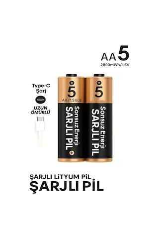 Exenar - Siyah - Şarjlı Kalın Kalem Pil Aa Şarj Edilebilir Pil 1.5v 2800mwh Lityum-ion Kalın Pil Aa 5 Type-c Şarjlı