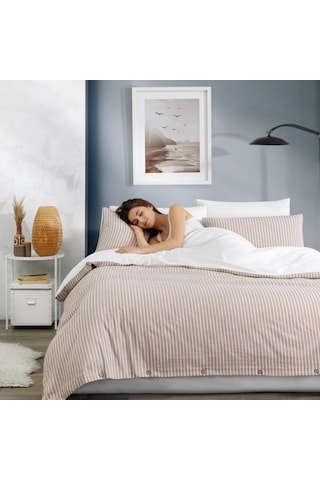 Çift Kişilik %100 Pamuk Ranforce Düğmeli Nevresim Takımı Lastikli Çarşaflı 200x220 Cm Bej Bej