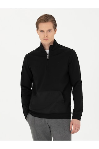 Siyah Regular Fit Yarım Fermuarlı Cepli Sweatshirt