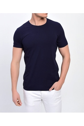Nacar Store Erkek Siyah Bisiklet Yaka Likralı Basic T-shirt Lacivert