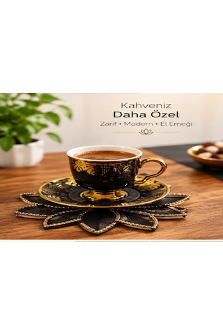 Kahve Sunum Pecetesi El Yapımı İnci Ve Gold Detaylı 15x15 Ölcü 6 Adet Siyah İnci