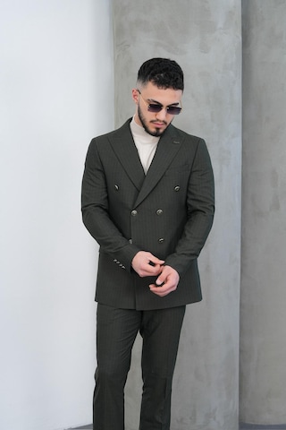 Dupont Classics Dupont Slim Fit Sivri Yaka 6 Drop Çift Yırtmaç Çizgili Viskon Kruvaze Erkek Takım Elbise Yeşil