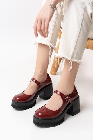 Asmi Shoes Tek Baletli Neon 8 Cm Topuklu Platformlu Loafer Ayakkabı Bordo Rugan Krem