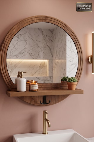 Antik Ahşap Desenli Dekoratif Ayna Raflı Askılıklı Banyo Oda Lavabo Wc Dresuar Koridor Konsol Mutfak Makyaj Aynası Yn-102 Atlantik Çam