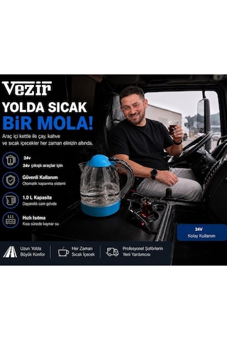 Vezir Vzr-10 Araç İçi Su Isıtıcı Otomatik Rezistanslı Kahve Makinesi Kettle 1 Lt 24 Volt