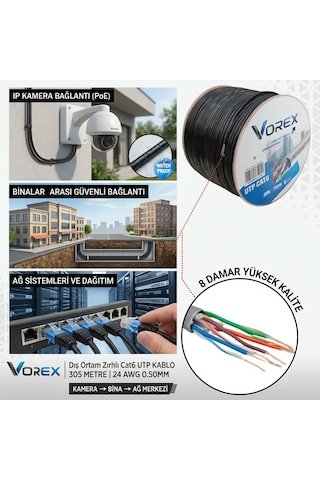 Vorex Cat6 Utp 305 Metre Zırhlı Dış Ortam Ethernet Ağ Kablosu - 24 Awg 0.50mm Outdoor Su Geçirmez Siyah