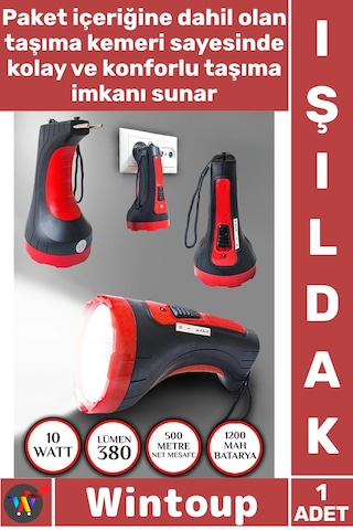 Işıldak Şarjlı 10 W Projektör Led 2 Mod Aydınlatmalı Uzun Menzilli Güvenlik Bekçi Polis El Feneri Çok Renkli