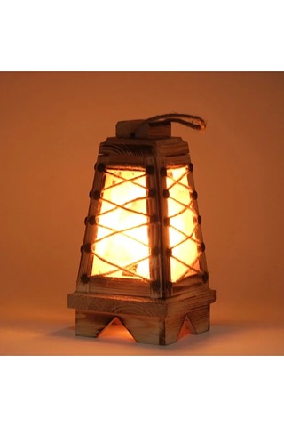 Lebron Ahşap Hasır Ipli Piramit Tuz Lambası Açık Ahşap