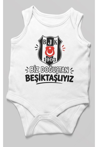 Morivokids Biz Doğuştan Beşiktaşlıyız Sıfır Kollu Bebek Zıbını %100 Pamuk Beyaz