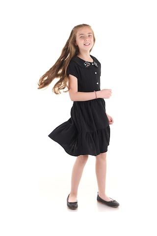 Ahengim Kız Çocuk Düğmeli Yaka Nakışlı Elbise Trend Pamuklu Pamuklu Ak2523 Siyah