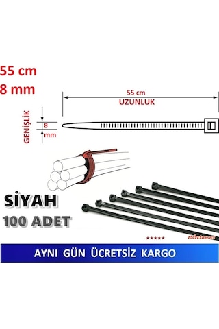 100 Adet 55Cm X 8Mm Plastik Kelepçe Kablo Bağı Siyah