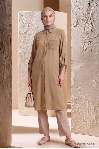 Armine Trend Kol Ve Cep File Detaylı Gizli Düğmeli Tunik Camel 26yt458