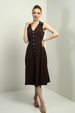 By Saygı Kadın Polo Yaka Ön Pile Düğme Detaylı Midi Keten Elbise-40634 Kahve