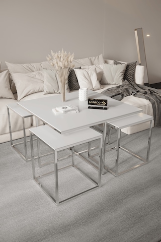 4+1 Gümüş Kaplama Beyaz 10 Mm Glossmax Parlak Mdf Orta Sehpa