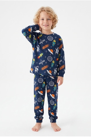 Bunny Hopp %100 Pamuk Interlok Kumaş Erkek Çocuk Pijama Takımı Lacivert Uzay Roket Ve Gezegen Desenli