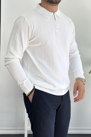 Erkek Yarım Fermuarlı Polo Yaka Mevsimlik Kazak Beyaz Edw195 Beyaz