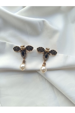 Gold Siyah Taşlı Tasarım Küpe Altın