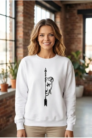 Valensdesign Sevgililer Günü Baskılı Oversize Bisiklet Yaka Sweatshirt - Beyaz