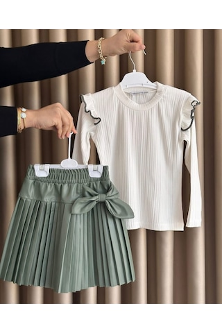 Naystyle Fırfır Ve Pile Detaylı Şık Kombin: Melina Kids Kız Çocuk Beyaz Fırfırlı Fitilli Bluz Ve Haki Deri Görünümlü Pileli Etek Takımı Yandan Fiyonklu Açık Mint Yeşili