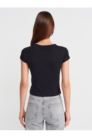 Dilvin 31750 Kontrast Kısa Kollu Tshirt-siyah Siyah