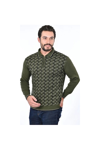 Kamalı Erkek Çelik Örgü Gömlek Yaka Fermuarlı Polo Yakalı Çizgili Desen Tüylenmeyen Triko Kışlık Baba Kazak Haki