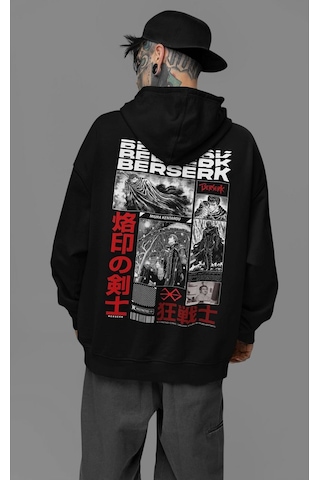 Sevbano Berserk Baskılı Unisex Oversize Anime Hoodie Siyah