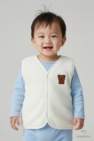 Babyden's Welsoft Erkek Bebek Çocuk Çıtçıtlı Yelek Ayıcık Armalı, Yumuşak Peluş Bebek Yeleği Ekru