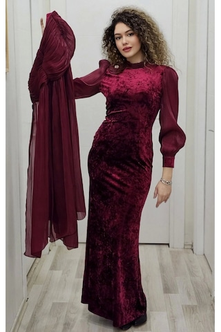 Çiçek Detaylı Çıkarılabilir Etekli Kadife Abiye 2752-bordo Bordo