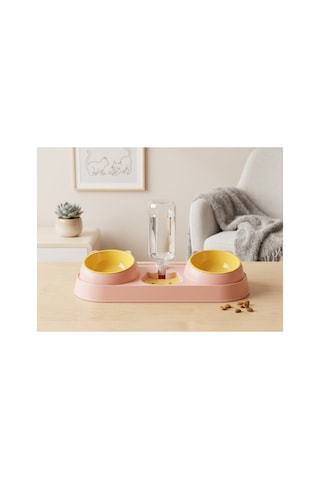 Pembe Kedi Köpek Mama Ve Su Kabı Seti Otomatik Su Hazneli Çift Mama Kabı 42x16,5 Cm
