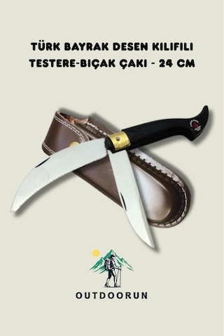 Outdoorun Türk Bayrak Desen Kılıflı Testere-Kamp Bıçak Kamp Çakı - 24 Cm siyah