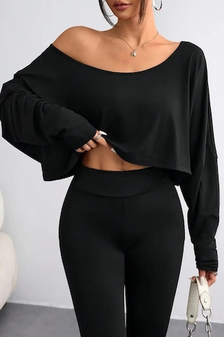 Kadın Düşük Omuz Kayık Yaka Oversize Uzun Kollu Crop T-shirt Siyah