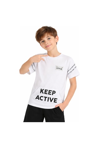 İrem Çocuk Giyim Erkek Çocuk Keep Active Yazı Desenli Kanguru Cepli Beyaz Renk Tişört Beyaz