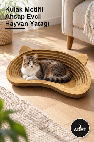 3 Adet Kulak Motifli Ahşap Evcil Hayvan Yatağı